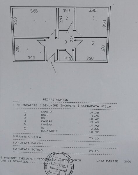 Trei camere, 73 mp decomandat la parter inalt.